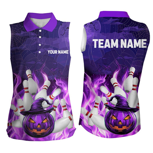 Purple Flame Halloween Pumpkin Bowling Sleeveless Polo Shirts For Women Custom Team Bowling Polo, Women Bowling Shirts