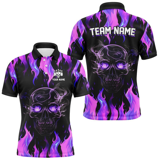 Purple Flame Skull Bowling Polo, Polo Shirts For Men Custom Team Bowling Polo Halloween Outfits, Bowling Team Shirts