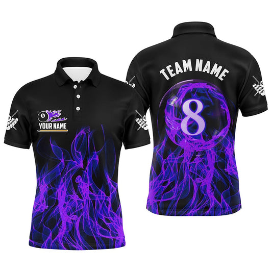 Purple Flaming 8 Ball Pool Custom Billiard Polo Shirts, 3D Pool Player Shirts Polo, Billiard Team Polo Shirts