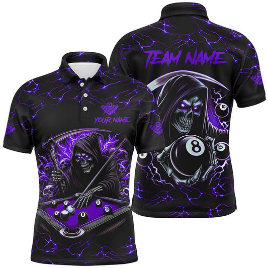 Purple Funny Death Skeleton 8 Ball Pool Billiard Shirts Custom Name Lightning Billiard Polo, Billiard Team Polo Shirts