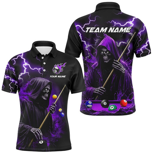 Purple Grim Reaper Billiard Shirts Custom Thunder Lightning Team League Billiard Polo, Billiard Team Polo Shirts