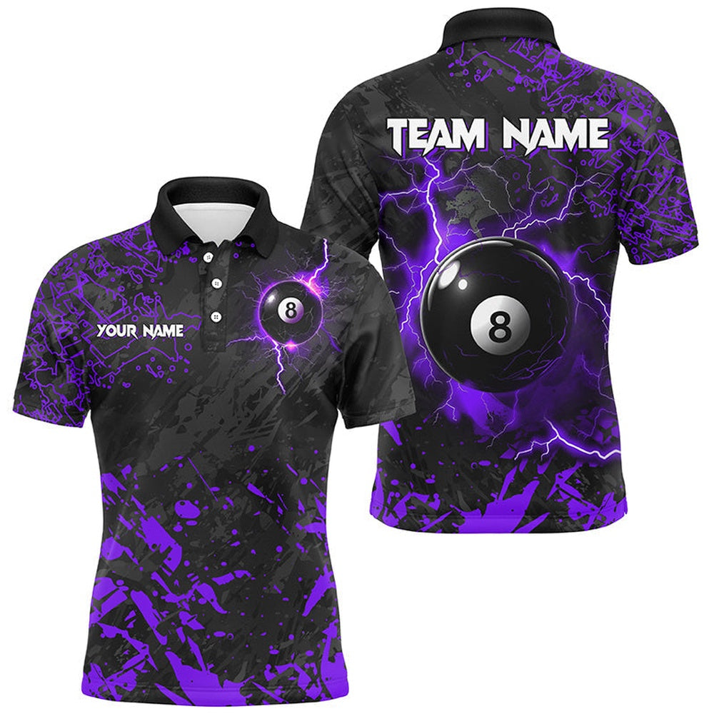 Purple Grunge 8 Ball Pool Thunder Lightning Polo Shirts Custom Team League Billiard Polo, Billiard Team Polo Shirts
