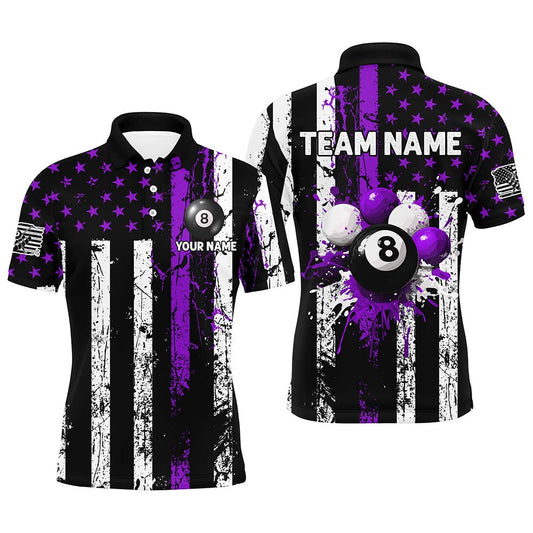 Purple Grunge US Flag Patriotic Billiard Shirts Custom Splash Paint 8 Ball Billiard Polo, Billiard Team Polo Shirts