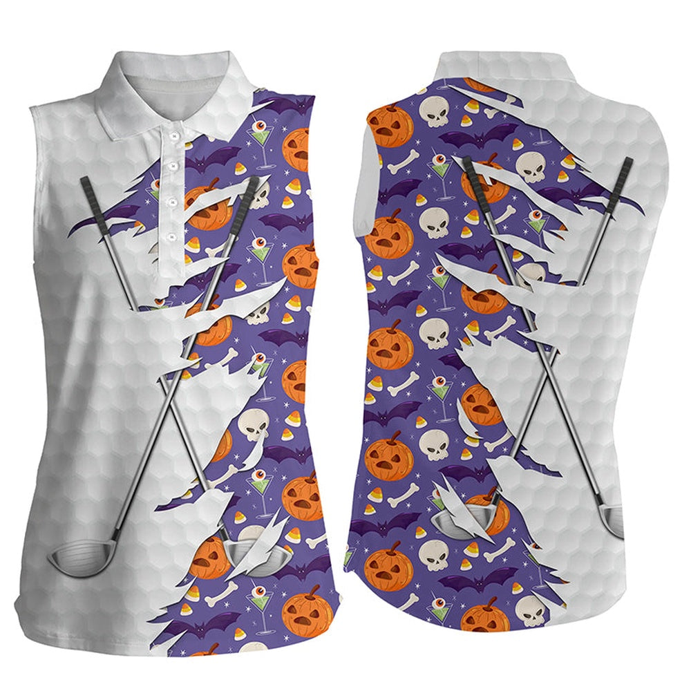 Purple Halloween Golf Pattern White Golf Ball Skin Women Sleeveless Polo Shirt Golf Clubs Outfit Women, Women Golf Shirts