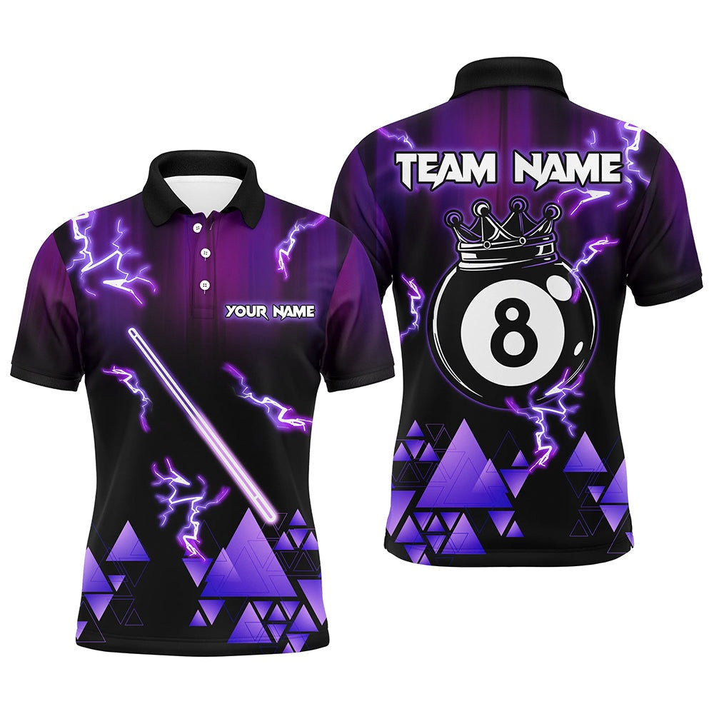Purple Neon Light Pool Cue 8 Ball Crown Billiard Shirt Custom Team League Billiard Polo, Billiard Team Polo Shirts