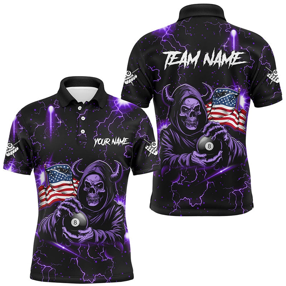 Purple Skull Thunder Lightning US Flag Custom Billiard Shirts, Patriotic Billiard Team Polo, Billiard Team Polo Shirts