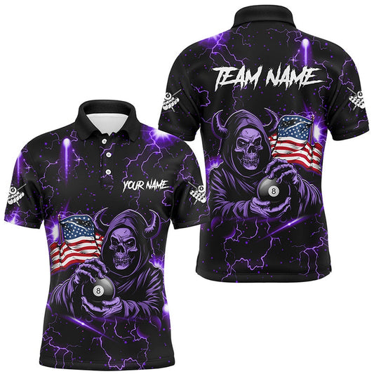 Purple Skull Thunder Lightning US Flag Custom Billiard Shirts, Patriotic Billiard Team Polo, Billiard Team Polo Shirts