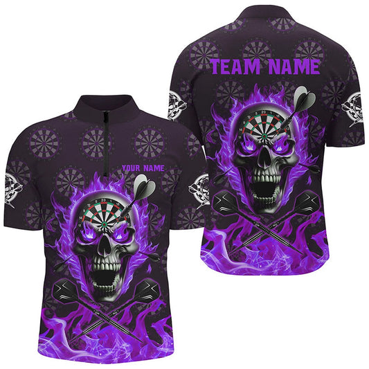 Purplee Darts Skull Fire Flame Custom Men Dart Shirts, 3D Darts Jersey Short Sleeve For Tea, Darts Team Jersey Shirt