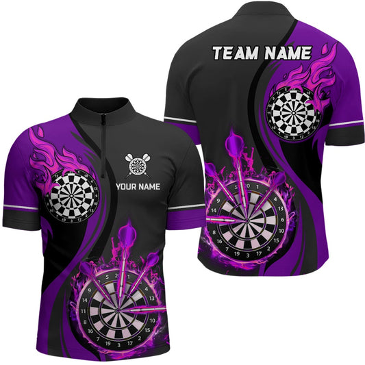 Purplee Fire Flame Mens Darts Jersey Shirt Custom Dart Shirts For Men Dart Jersey, Darts Team Jersey Shirt
