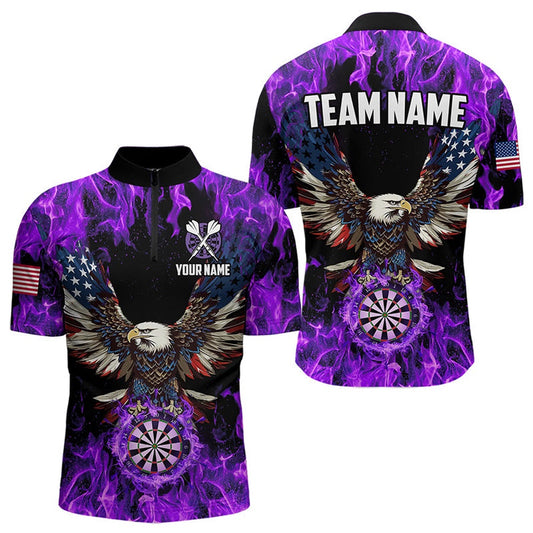 Purplee Flame American Flag Eagle Custom 3D Dart Shirts For Men, Patriotic Darts League Team Jersey, Darts Team Jersey Shirt