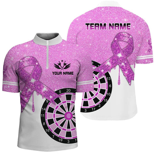 Purplee Glitter Ribbon Dartboard Breast Cancer Awareness Darts Shirts For Men Custom Darts Jersey, Darts Team Jersey Shirt
