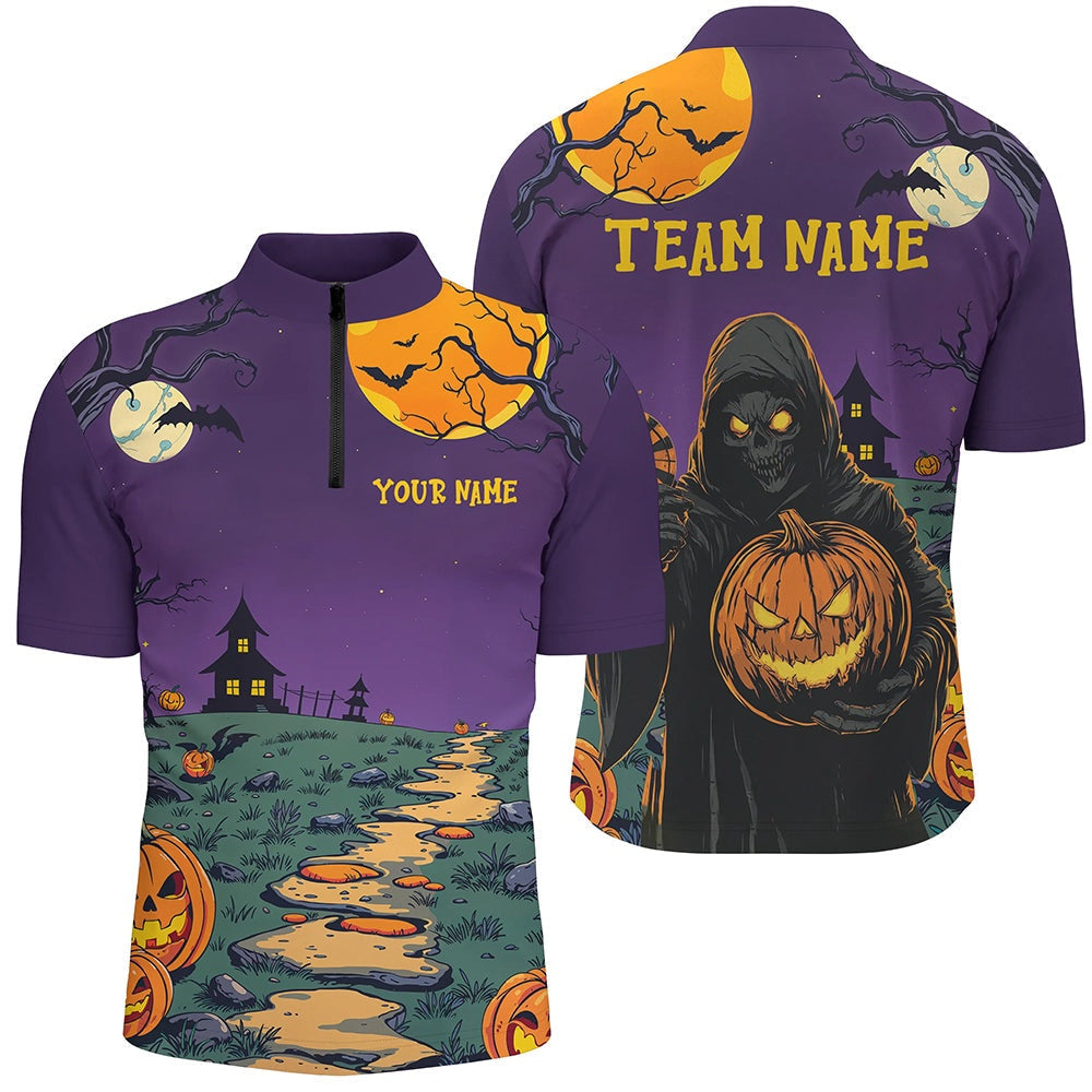 Purplee Halloween Spook Night Custom Men Dart Shirts, Scary Death Skeleton Halloween Darts Gift, Darts Team Jersey Shirt