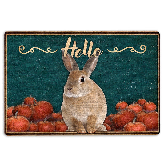 Rabbit Welcome Doormat, Bunny Rabbit Pumpkin Hello Fall Halloween Thanksgiving Holiday Welcome Doormat, Pets Home Decor Door Mat
