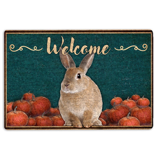 Rabbit Welcome Doormat, Bunny Rabbit Pumpkin Welcome Fall Halloween Thanksgiving Holiday Welcome Doormat, Pets Home Decor Door Mat