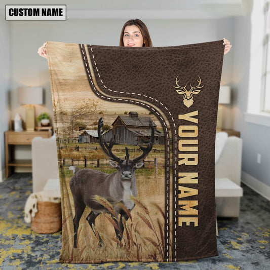 Rain Deer Custom Name Leather Pattern Blanket, Farm Blanket, Farm Animal Blanket