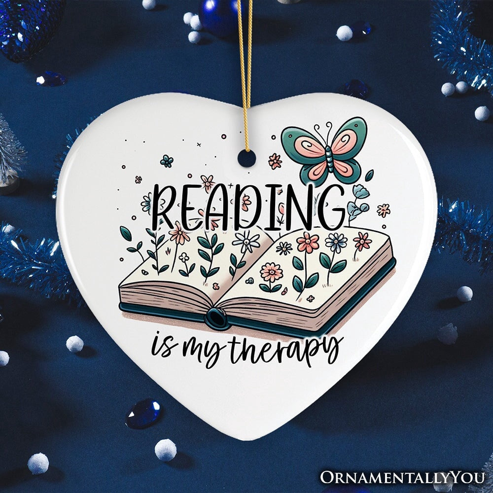 Reading is my Therapy Whimsical Ceramic Ornament, Book Lovers Christmas Gift, Christmas Ornament