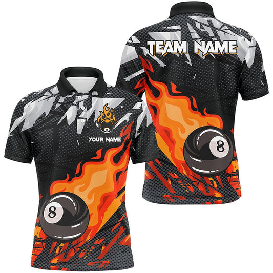Red 8 Ball Fire Flame Grunge Pattern Custom Billiard Shirts, 8 Ball Pool Polo Team Outfit, Billiard Team Polo Shirts