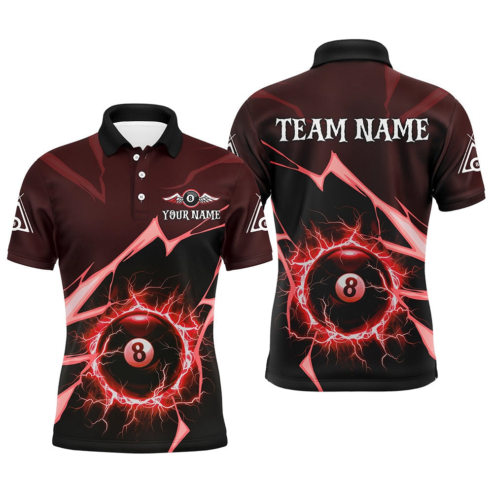 Red 8 Ball Pool Thunder Lightning Strike Custom Billiard Shirts, Billiard League Team Polo, Billiard Team Polo Shirts