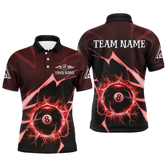 Red 8 Ball Pool Thunder Lightning Strike Custom Billiard Shirts, Billiard League Team Polo, Billiard Team Polo Shirts