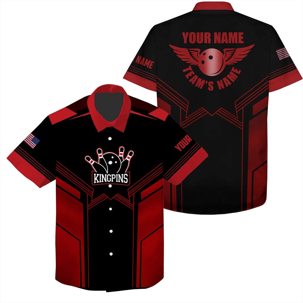 Red And Black Bowling Hawaiian Shirt For Men, Custom Name And Team Name Mens Bowling Team Shirts, Bowling Team Hawaiian