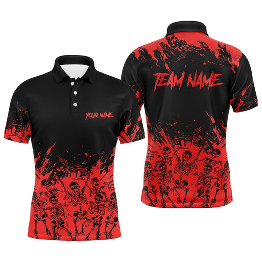 Red And Black Bowling Polo, Polo Shirts For Men Custom Skull Halloween Bowling Team Polo, Bowling Team Shirts