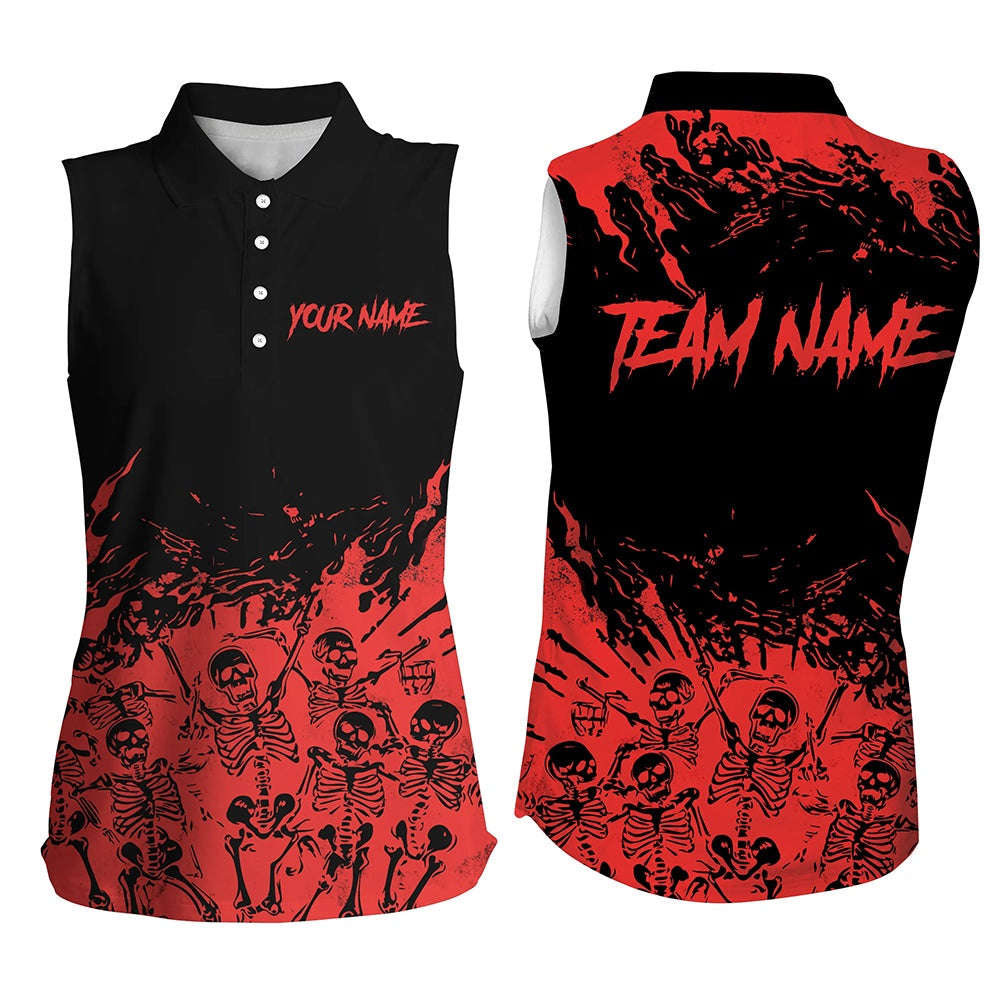 Red And Black Bowling Sleeveless Polo Shirts For Women Custom Skull Halloween Bowling Team Polo, Women Bowling Shirts