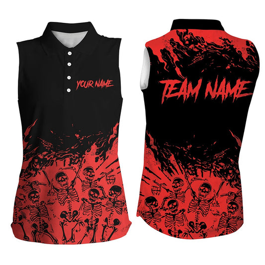 Red And Black Bowling Sleeveless Polo Shirts For Women Custom Skull Halloween Bowling Team Polo, Women Bowling Shirts