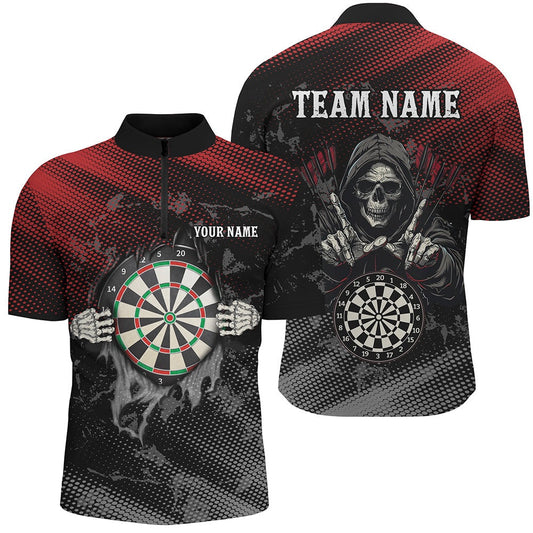Red And Black Death Skeleton Custom Darts Shirts For Men, Personalized Skull Darts Team Jersey, Darts Team Jersey Shirt