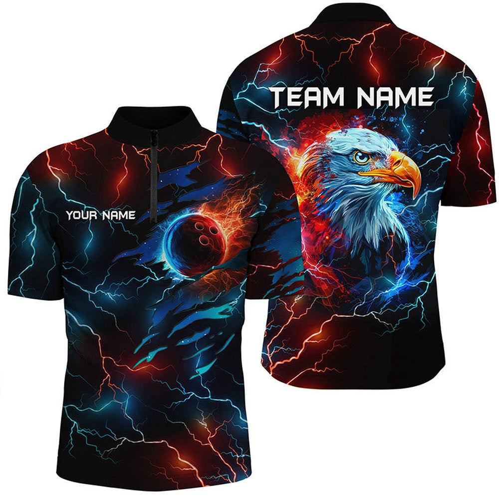 Red And Blue Lightning Thunder Bowling Eagle Custom Mens Bowling Polo, Jersey Shirtteam Jerseys, Bowling Jersey Shirt