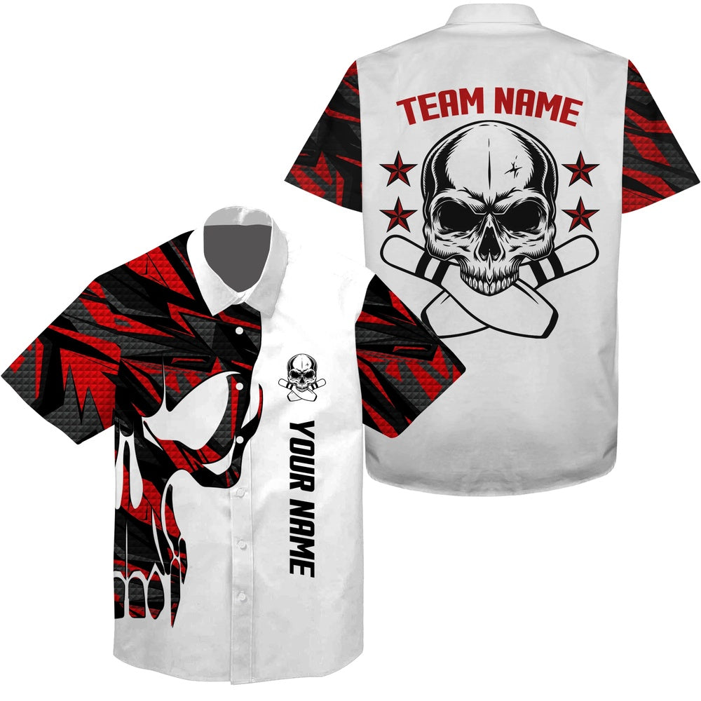 Red And Whitebowling Hawaiian Shirt, Custom Name And Team Name Skull Bowling, Team Bowling Shirts, Bowling Team Hawaiian
