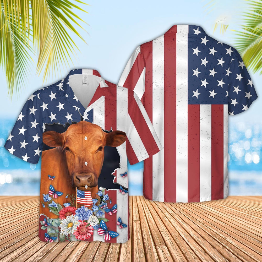 Red Angus 4th of July Hawaiian Shirt, Farm Hawaiian Shirt, Farmer Hawaii