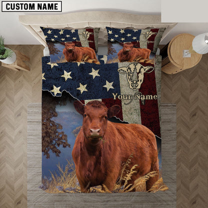 Red Angus America Customized Name Bedding Set, Farm Bedding Set, Farmhouse Bedding Set