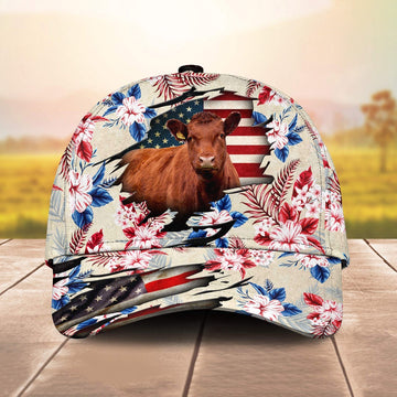 Red Angus American Flag Flowers Pattern Cap, Farmer Cap, Vintage Farmer Hat, Mens Farmer Hats, Cap For Farmers