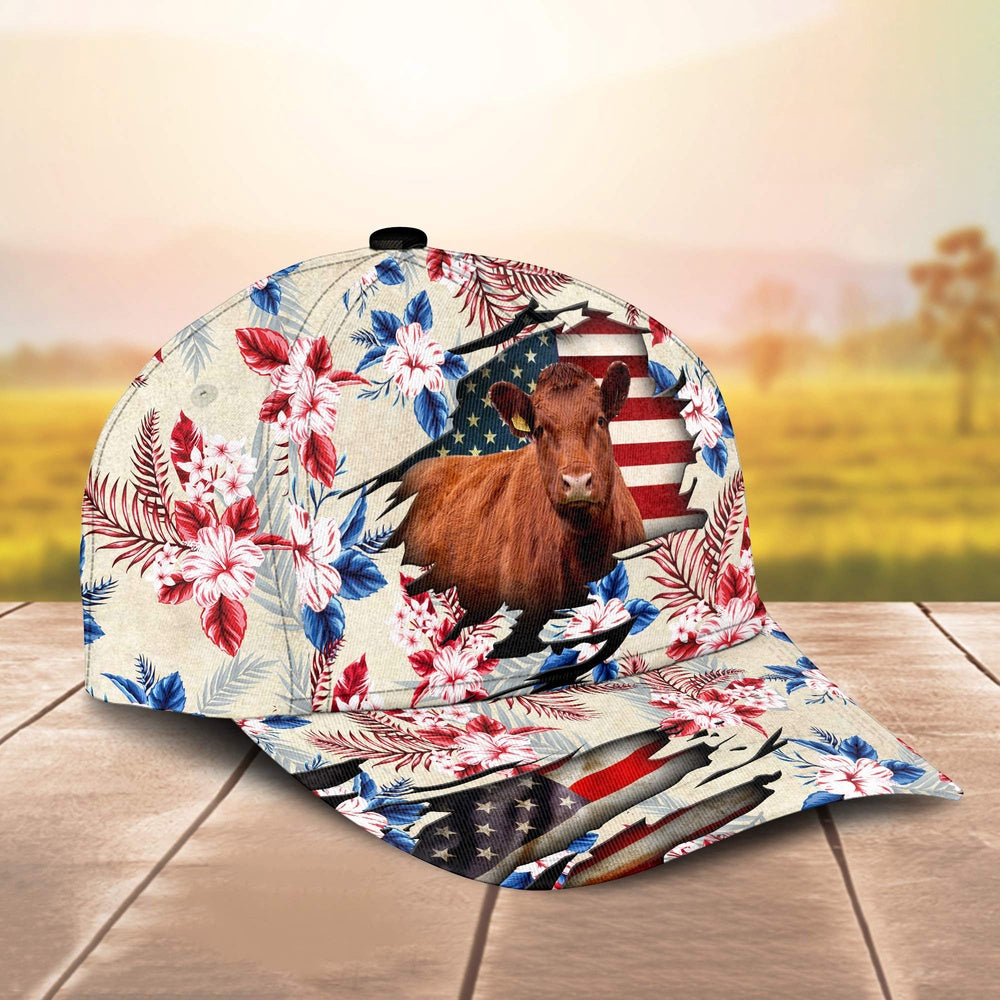 Red Angus American Flag Flowers Pattern Cap, Farmer Cap, Vintage Farmer Hat, Mens Farmer Hats, Cap For Farmers