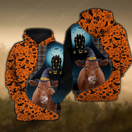 Red Angus Castle Halloween Pattern 3D Hoodie, Farmer Hoodie, Farm Themed Shirts, Farm Tee Shirts