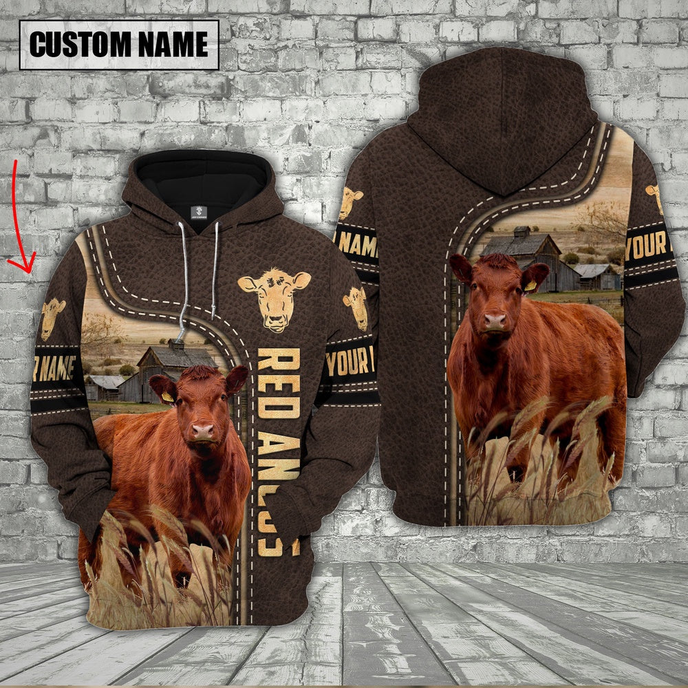 Red Angus Cattle Brown Leather Personalized 3D Hoodie, Farmer Hoodie, Custom Farm Shirts, Farmer T Shirt