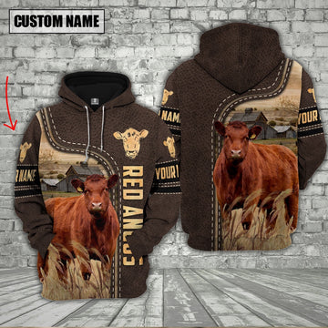 Red Angus Cattle Brown Leather Personalized 3D Hoodie, Farmer Hoodie, Custom Farm Shirts, Farmer T Shirt