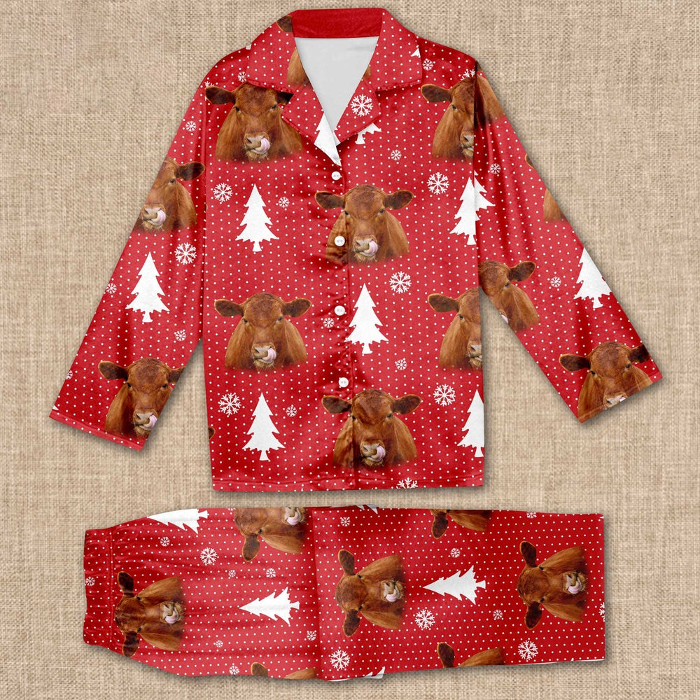 Red Angus Cattle Chrismas Pattern All Over Print Pajamas Sets, Farm Pajamas, Farm Animal Pajamas, Christmas Farm Pajamas