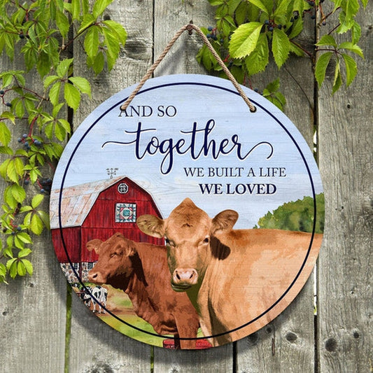 Red Angus Cattle Lovers And So Together Round Happy Halloween Wooden Sign, Farm Wood Sign, Farmhouse Decor Wooden Signs