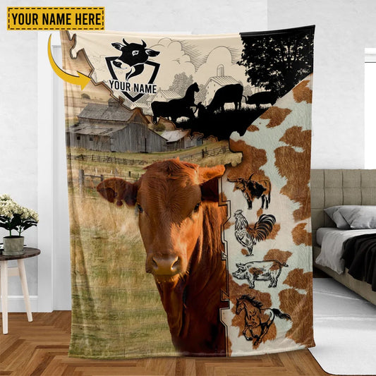 Red Angus Cattle Personalized Name Feather Pattern Blanket, Farm Blanket, Farm Animal Blanket