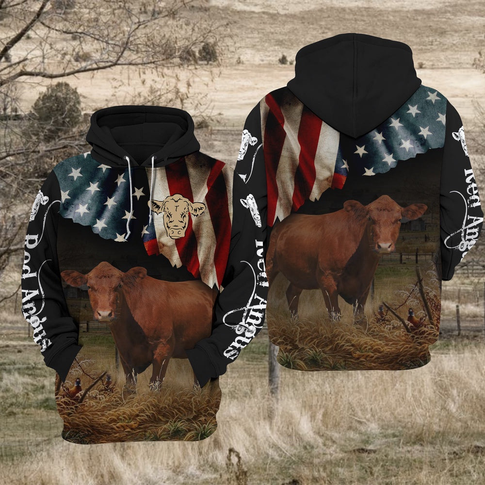 Red Angus Cattle US Flag All Over Printed Hoodie TT, Farmer Hoodie, Farm Themed Shirts, Farm Tee Shirts