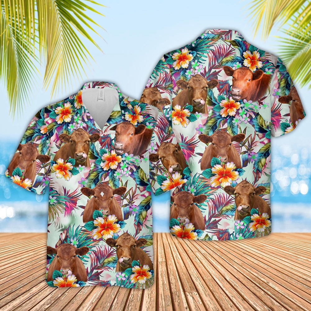 Red Angus Colorful Leaf Pattern Hawaiian Shirt, Farm Hawaiian Shirt, Farmer Hawaii