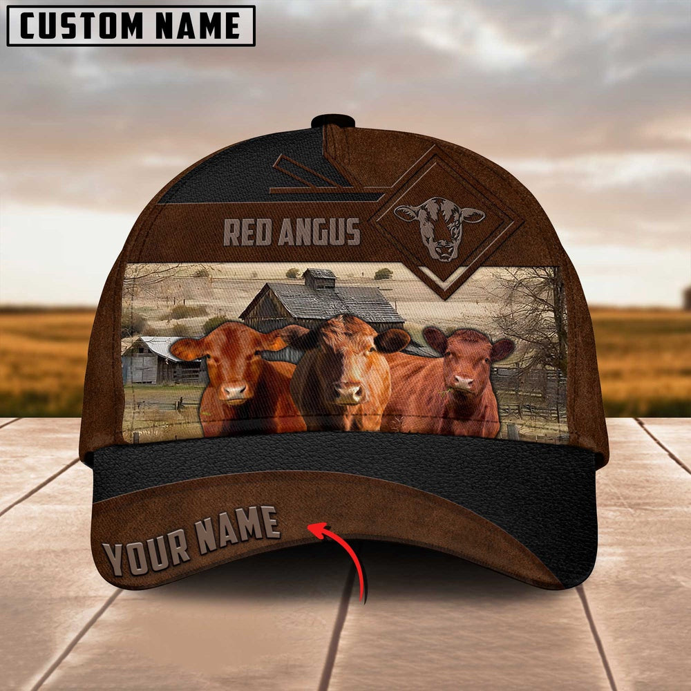 Red Angus Custom Name Brown Leather Pattern Cap, Farmer Cap, Cap For Farmers, Best Farm Hat, Farm Use Hat