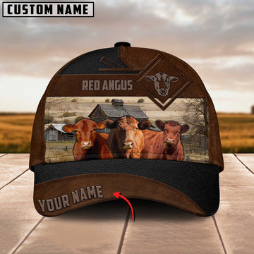 Red Angus Custom Name Brown Leather Pattern Cap, Farmer Cap, Cap For Farmers, Best Farm Hat, Farm Use Hat