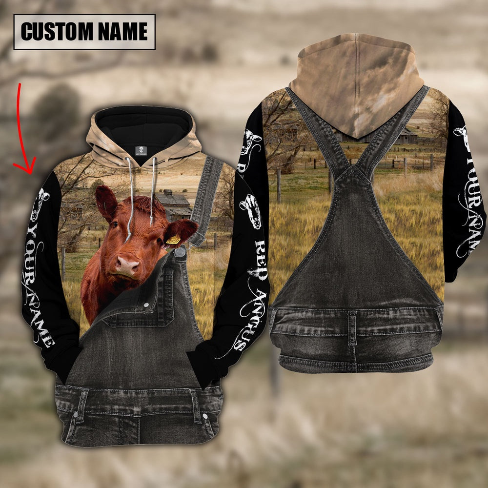 Red Angus Custom Name Overalls Hoodie, Farmer Hoodie, Custom Farm Shirts, Farmer T Shirt