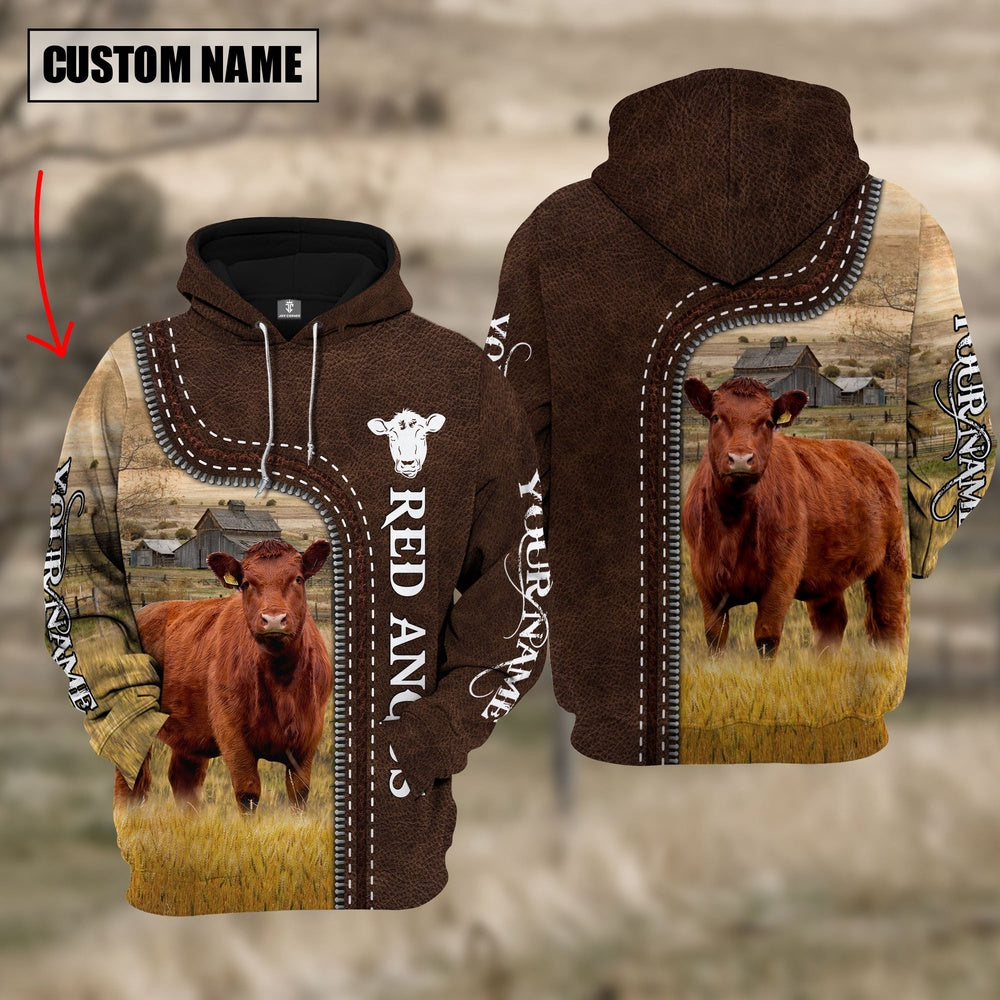Red Angus Farming Leather Pattern Personalized 3D Hoodie, Farmer Hoodie, Custom Farm Shirts, Farmer T Shirt