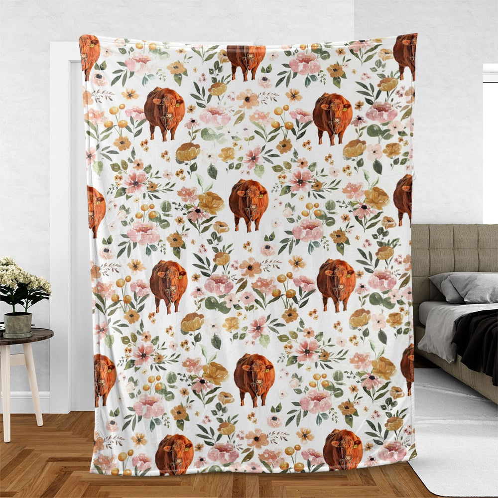 Red Angus Floral Pattern Blanket, Farm Blanket, Farm Animal Blanket