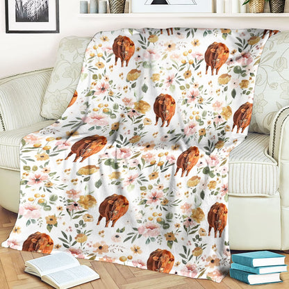 Red Angus Floral Pattern Blanket, Farm Blanket, Farm Animal Blanket