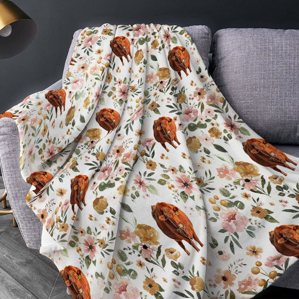 Red Angus Floral Pattern Blanket, Farm Blanket, Farm Animal Blanket