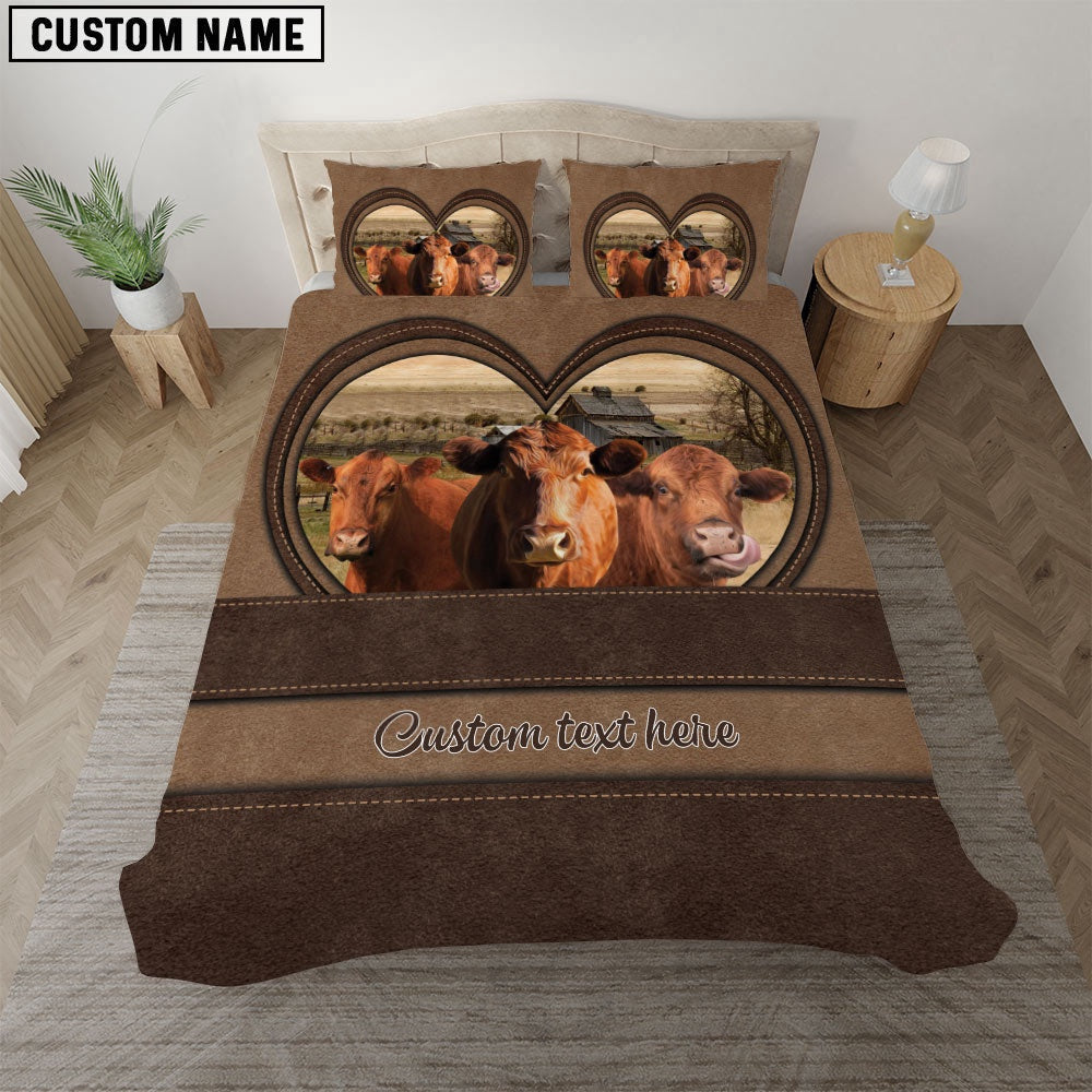 Red Angus In Heart Custom Name Bedding Set, Farm Bedding Set, Farmhouse Bedding Set